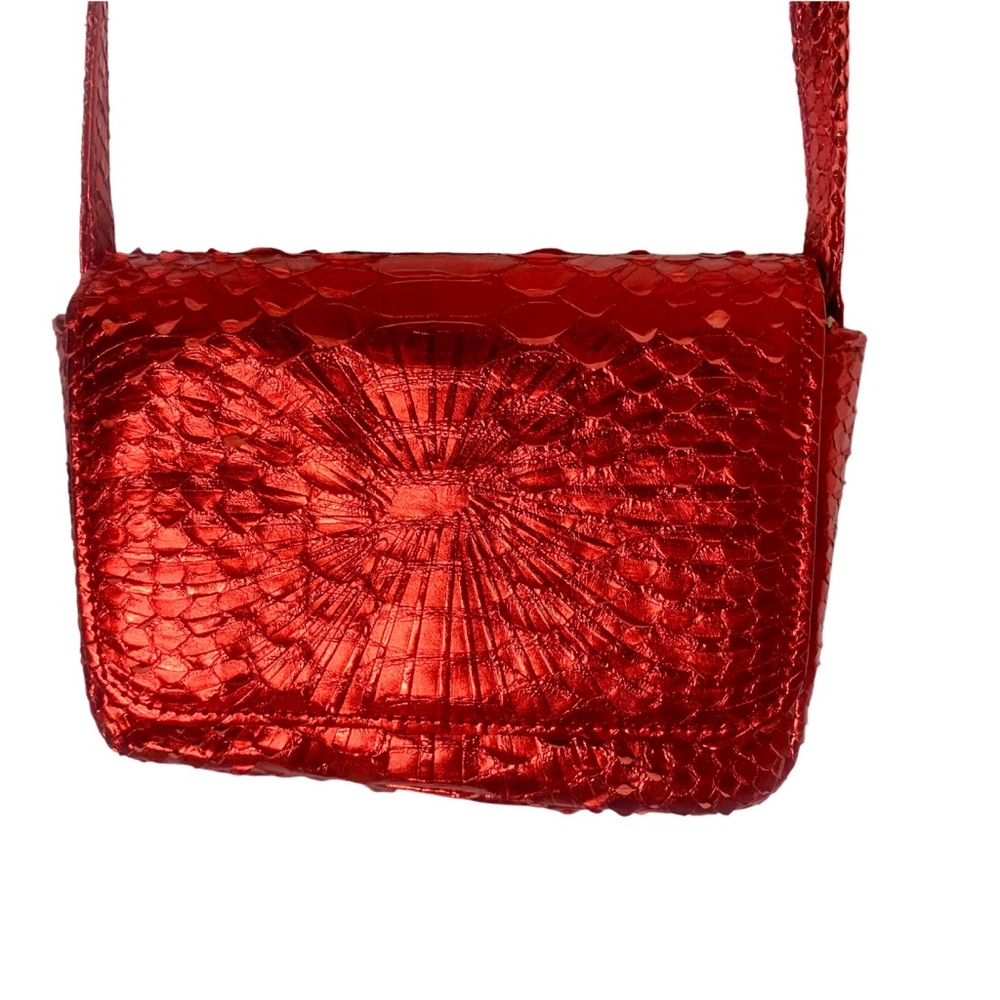 Metallic Red Genuine Python Snake Skin Crossbody Bag with Removable Strap